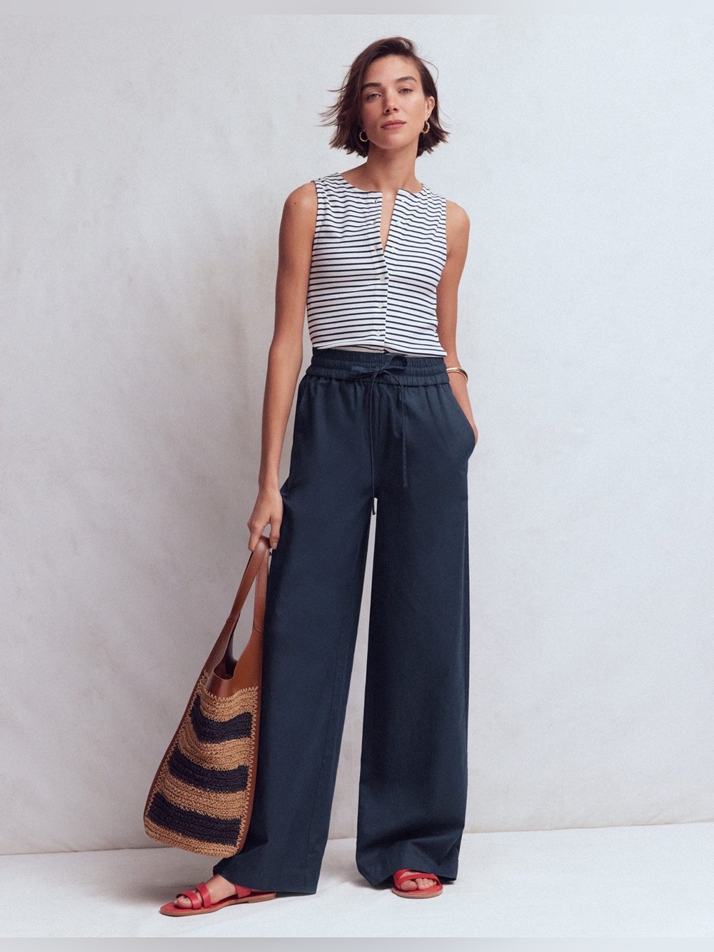 Boden Greenwich Tie Waist Wide Leg Pants in Navy, Size 2